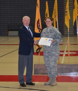 COL(Ret) Ed Murdock presenting the AUSA Medal to Cadet Laura Altman, Shippensburg University ROTC.